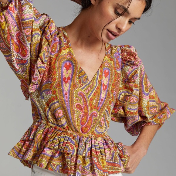 ✨ Anthropologie Ruffled Abstract Blouse Sz L - Picture 2 of 6